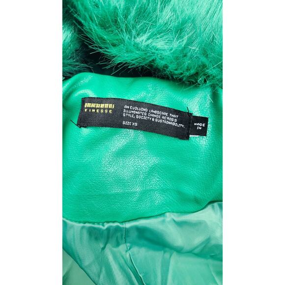 Finesse Bright Green Faux Fur Collar Trim Trench Coat XS S - Picture 5 of 10